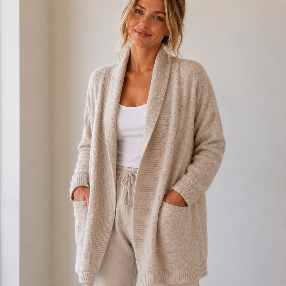 Barefoot Dreams Womens XL Oatmeal CozyChic Lite Open Cardigan Sweater Pockets